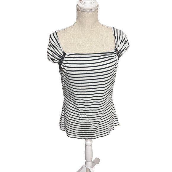 White House Black Market Striped Top Knit short sleeve shirt Parisian style sz M - Picture 1 of 8